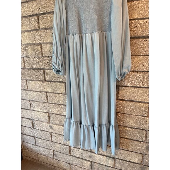 Ingrid & Isabel Womens XL Blue Smocked Long-Sleeve Midi Dress With Ruffle Hem - Picture 3 of 9